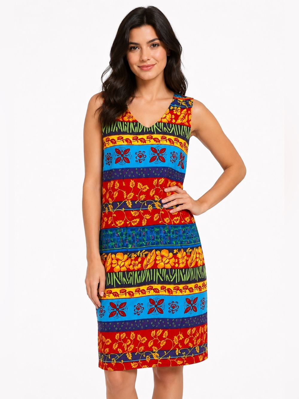 Vintage Sag Harbor Patchwork Print Sleeveless Sheath Dress Colorful Floral